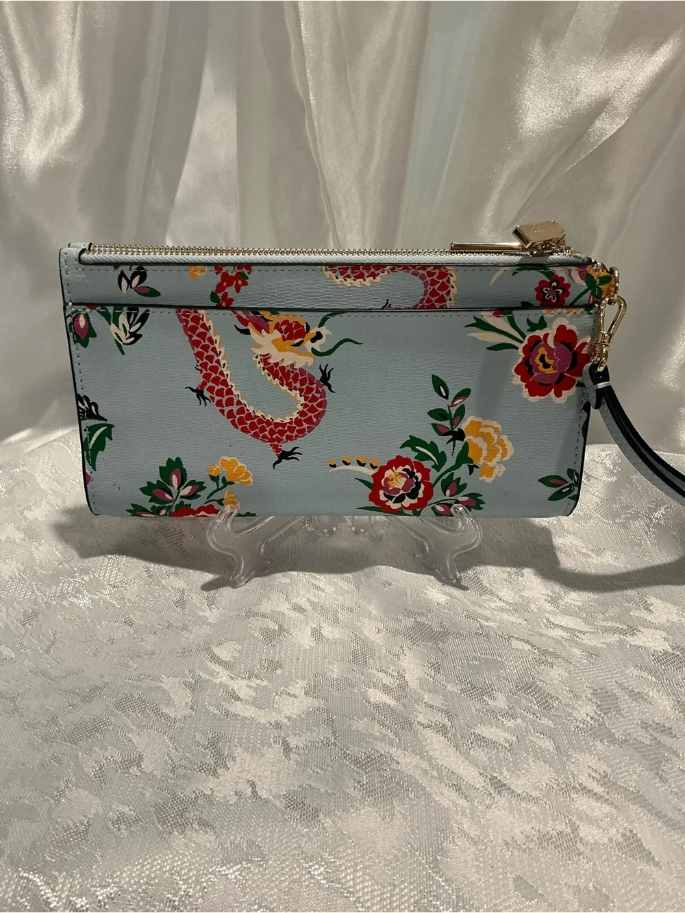 kate spade Light Blue Floral Dragon Doible Zip Wristlet Clutch with Wrist Strap